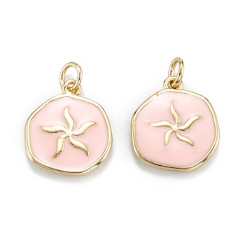 Brass Enamel Pendants, with Jump Rings, Long-Lasting Plated, Flat Round, Pink, Real 18K Gold Plated, 16.5x14.5x2.5mm, Hole: 3.5mm