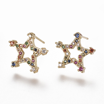 Brass Micro Pave Cubic Zirconia Studs Earrings, Star, Colorful, 12.5x13.5x3mm, Pin: 0.7mm