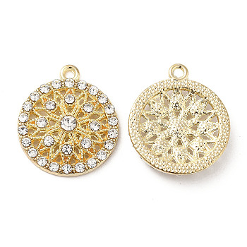Alloy Pendants, with Crystal Rhinstone, Flat Round with Flower Charm, Lead Free & Cadmium Free, Light Gold, 23x19.5x4mm, Hole: 1.6mm