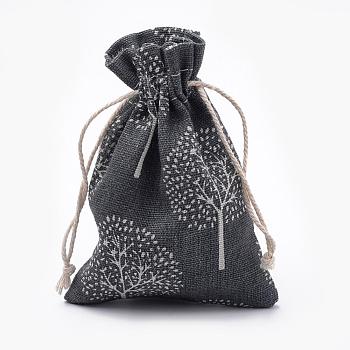 Polycotton(Polyester Cotton) Packing Pouches Drawstring Bags, with Printed Tree, Gray, 14x10cm