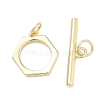 Hexagon Brass Toggle Clasps, Long-Lasting Plated, Rack Plating, Lead Free & Cadmium Free, Real 18K Gold Plated, Ring: 14x14x2mm; Bar: 5.5x21x2mm(KK-C251-18G)