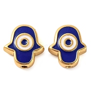 Rack Plating Brass Beads, with Enamel, Long-Lasting Plated, Real 18K Gold Plated, Hamsa Hand with Evil Eye, Dark Blue, 9.5x8.5x3.5mm, Hole: 1.2mm(KK-H486-03G-02)