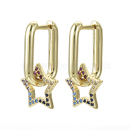 Brass Micro Pave Cubic Zirconia Dangle Huggie Hoop Earrings, Nickel Free, Star, Real 16K Gold Plated, Colorful, 22mm, Pin: 1mm(KK-R137-023-NF)