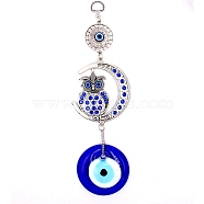 Lampwork Turkish Blue Evil Eye Pendant Decoration, with Alloy Rhinestone Moon with Owl Link for Home Wall Hanging Ornament, Antique Silver, 255mm(EVIL-PW0004-05)