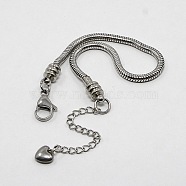 Tarnish Resistant 304 Stainless Steel European Round Snake Chains Bracelets, with Lobster Claw Clasp and Heart Charms, Stainless Steel Color, 200x3mm(STAS-J015-05)