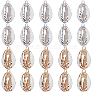 20Pcs 2 Colors Electroplated Natural Cowrie Shell Pendants, Shell Charm with Iron Findings, Platinum & Golden, 18~24x10~14x6~7mm, Hole: 1.5mm, 10pcs/color(SHEL-SC0001-29)