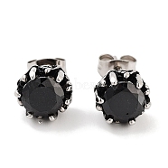 Round 316 Surgical Stainless Steel Pave Black Cubic Zirconia Stud Earrings for Women Men, Antique Silver, 9mm(EJEW-Z050-11AS)