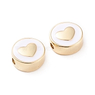 Brass Enamel Beads, Long-Lasting Plated, Flat Round with Heart, White, Real 18K Gold Plated, 11x5mm, Hole: 1.8mm(X-KK-F814-06G)