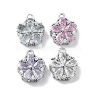 Brass Micro Pave Cubic Zirconia Charms, with Mixed Color Glass, Flower Charm, Real Platinum Plated, 13x11x4mm, Hole: 1.2mm(KK-F871-23P)