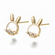 Brass Micro Clear Cubic Zirconia Stud Earring Findings, with Shell and Loop, Nickel Free, Rabbit Shape, Real 18K Gold Plated, 12x7.5mm, Hole: 1mm, Pin: 0.7mm(KK-R114-02-NF)