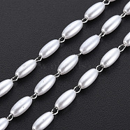 304 Stainless Steel & ABS Plastic Imitation Pearl Beaded Chains, Soldered, with Spool, Oval, Stainless Steel Color, 6x3mm, about 65.62 Feet(20m)/Roll(CHS-S008-014A-P)