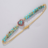 Natural & Dyed Imperial Jasper  Braided Bead Bracelets for Women, with Heart Link, Inner Diameter: 11 inch(28cm)(FH7379-4)