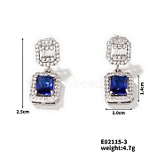 Elegant Square Copper Inlaid Zircon Women's Stud Earrings Fashionable Accessories, Platinum, Dark Blue, 25x10mm(NP2804-2)