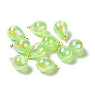 UV Plating Acrylic Pendants, with Light Gold Tone Brass Findings, Teardrop Charm, Lawn Green, 19.5x12mm, Hole: 1.6mm(FIND-I035-01D)
