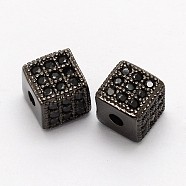 Cube Brass Micro Pave Cubic Zirconia Beads, Cadmium Free & Nickel Free & Lead Free, Gunmetal, 6x6x6mm, Hole: 1mm(ZIRC-P013-03B-FF)