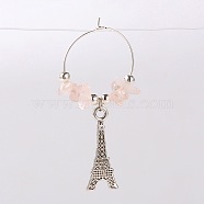 Natural Gemstone Wine Glass Charms, with Tibetan Style Alloy Eiffel Tower Pendant, Iron Beads and Brass Hoop Earrings, Platinum, Rose Quartz, 58mm, pin: 0.7mm(AJEW-JO00003-01)