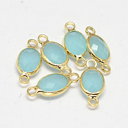 Oval Faceted Golden Brass Glass Links connectors, Pale Turquoise, 15x7x3.2mm, Hole: 1mm(X-GLAA-O014-24G)