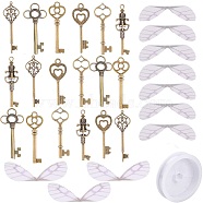SUNNYCLUE Skeleton Key Charm DIY Jewelry Making Kit for Crafts Gifts, Including Alloy Pendants, Organza Fabric Wings, Clear Elastic Crystal Thread, Antique Bronze, 60pcs/set(DIY-SC0017-35)