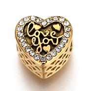 Ion Plating(IP) 304 Stainless Steel European Beads, Large Hole Beads, with Rhinestone, Heart with Word Love You, For Valentine's Day, Light Rose, Golden, 12x12x7mm, Hole: 4mm(STAS-O097-45G-A)