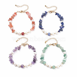 4Pcs 4 Style Natural Mixed Gemstone Chip Beaded Bracelets Set with Natural Pearl for Women, Golden, 7-5/8 inch(19.5cm), 1Pc/style(BJEW-TA00072)