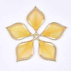 Cotton Thread Woven Pendants, with Alloy Findings, Leaf, Golden, Gold, 43x26.5x2mm, Hole: 1.8mm(X-FIND-S306-03F)