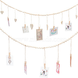 2Pcs 2 Styles Wall Hanging Photo Display with Wooden Beads Garland, with Wooden Clip and Heart Tassel, for Home Decorations, PapayaWhip, 1170~1360mm, 1pc/style(WOOD-GO0001-02)