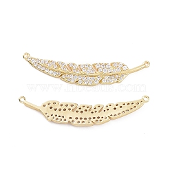 Brass Micro Pave Cubic Zirconia Connector Charms, Leaf Links, Real 18K Gold Plated, 41x8.5x2mm, Hole: 1mm(KK-E068-VC481)