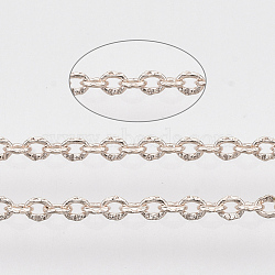 Brass Cable Chains, Textured, Soldered, Flat Oval, Rose Gold, 2x1.4x0.4mm(X-CHC-T008-04RG)