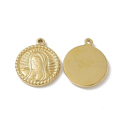 PVD Vacuum Plating 201 Stainless Steel Charms, Flat Round with Woman Charm, Real 18K Gold Plated, 21x18x3mm, Hole: 1.6mm(STAS-J401-VC617)