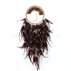 Tree of Life Wrapped Natural Tiger Eye Chips Woven Web/Net with Feather Decorations, for Home Bedroom Hanging Decorations, Coconut Brown, 600x160mm(PW-WG91800-02)