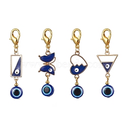 Alloy Enamel Pendant Decorations, Resin Beads with Alloy Lobster Claw Clasps Charm, Heart/Rectangle/Triangle/Butterfly with Evil Eye, Blue, 54~56mm(HJEW-JM01671)