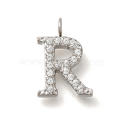 304 Stainless Steel Micro Pave Cubic Zirconia Pendants, Letter A~Z Charms, Letter R, 12.5x8.5x2mm, Hole: 1.8mm(STAS-H228-06P-R)