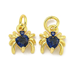 Rack Plating Brass Micro Pave Cubic Zirconia Spider Charms, Long-Lasting Plated, Cadmium Free & Lead Free, Real 18K Gold Plated, Dark Blue, 9x8x4mm, Hole: 3.5mm(ZIRC-I065-02D)