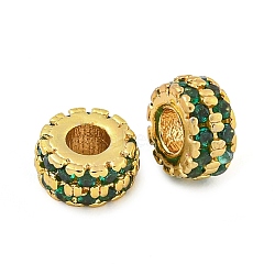 Rack Plating Brass Micro Pave Cubic Zirconia Spacer Beads, Long-Lasting Plated, Lead Free & Cadmium Free, Rondelle, Wavy edge, Real 18K Gold Plated, Green, 6x3mm, Hole: 2mm(KK-F089-36G-01)