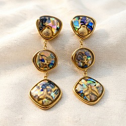 304 Stainless Steel Resin Stud Dangle Earrings, Starfish & Shell Shape, Golden, 61x17.5mm(SA-E001-01G)