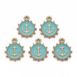 Alloy Enamel Pendants, Light Gold, Cadmium Free & Nickel Free & Lead Free, Flat Round with Anchor, Medium Turquoise, 17.5x14.5x2mm, Hole: 1.6mm(ENAM-N055-016B-NR)