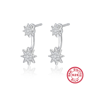 Rhodium Plated 925 Sterling Silver Front Back Stud Earrings, Rhinestone Snowflake Drop Earrings, with 925 Stamp, Platinum, 22x9mm
