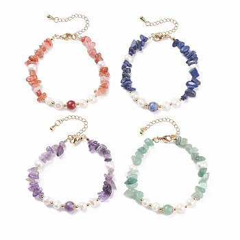 4Pcs 4 Style Natural Mixed Gemstone Chip Beaded Bracelets Set with Natural Pearl for Women, Golden, 7-5/8 inch(19.5cm), 1Pc/style