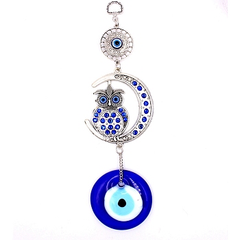 Lampwork Turkish Blue Evil Eye Pendant Decoration, with Alloy Rhinestone Moon with Owl Link for Home Wall Hanging Ornament, Antique Silver, 255mm