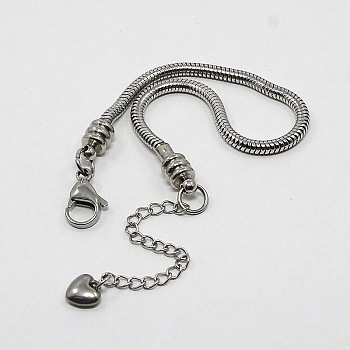 304 Stainless Steel European Round Snake Chains Bracelets, with Lobster Claw Clasp and Heart Charms, Stainless Steel Color, 200x3mm