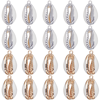 20Pcs 2 Colors Electroplated Natural Cowrie Shell Pendants, Shell Charm with Iron Findings, Platinum & Golden, 18~24x10~14x6~7mm, Hole: 1.5mm, 10pcs/color
