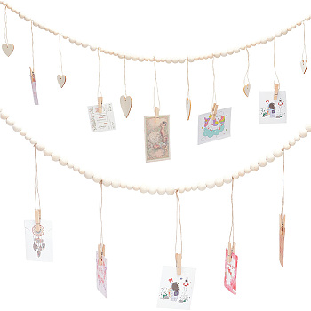 2Pcs 2 Styles Wall Hanging Photo Display with Wooden Beads Garland, with Wooden Clip and Heart Tassel, for Home Decorations, PapayaWhip, 1170~1360mm, 1pc/style