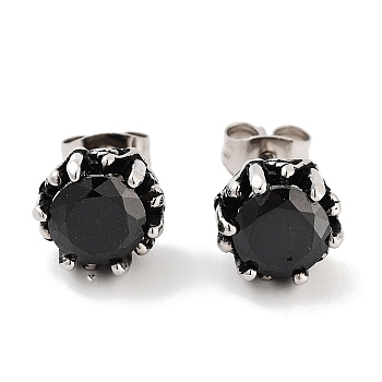 Round 316 Surgical Stainless Steel Pave Black Cubic Zirconia Stud Earrings for Women Men, Antique Silver, 9mm