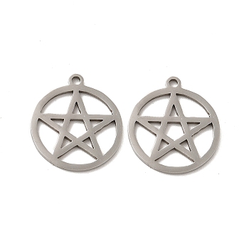 201 Stainless Steel Pendants, Hollow Flat Round with Star Charms, Stainless Steel Color, 17.3x15.5x0.9mm, Hole: 1.4mm