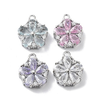 Brass Micro Pave Cubic Zirconia Charms, with Mixed Color Glass, Flower Charm, Real Platinum Plated, 13x11x4mm, Hole: 1.2mm