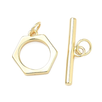 Hexagon Brass Toggle Clasps, Long-Lasting Plated, Rack Plating, Lead Free & Cadmium Free, Real 18K Gold Plated, Ring: 14x14x2mm; Bar: 5.5x21x2mm