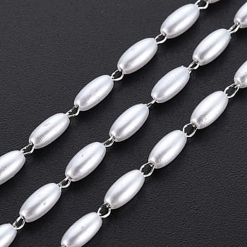 304 Stainless Steel & ABS Plastic Imitation Pearl Beaded Chains, Soldered, with Spool, Oval, Stainless Steel Color, 6x3mm, about 65.62 Feet(20m)/Roll