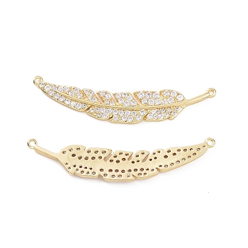 Brass Micro Pave Cubic Zirconia Connector Charms, Leaf Links, Real 18K Gold Plated, 41x8.5x2mm, Hole: 1mm