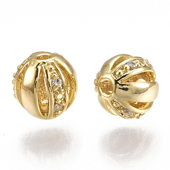 Brass Filigree Beads, with Cubic Zirconia, Round, Clear, Real 18K Gold Plated, 8mm, Hole: 1mm