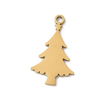 201 Stainless Steel Pendants, Christmas Tree Charm, Laser Cut, Ion Plating(IP), Real 18K Gold Plated, 22x13x1mm, Hole: 1.6mm